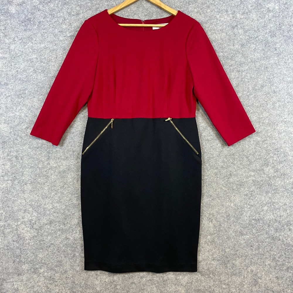Kasper‎ Dress Womens Size 12 Red Black Career Office Wear Gold Zipper Detail
